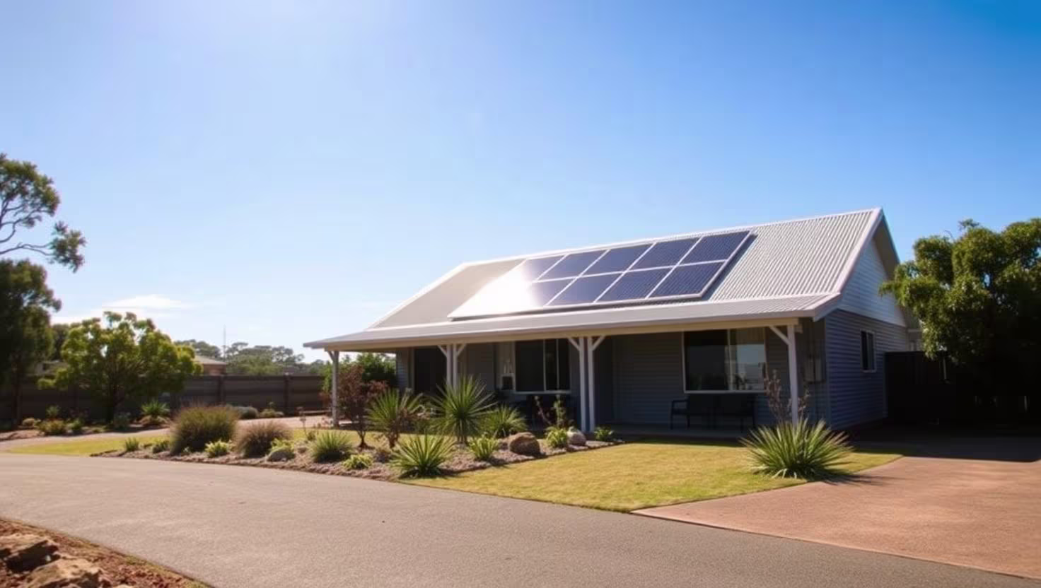 Modern Geraldton home with solar panels on a tin roof under blue sky